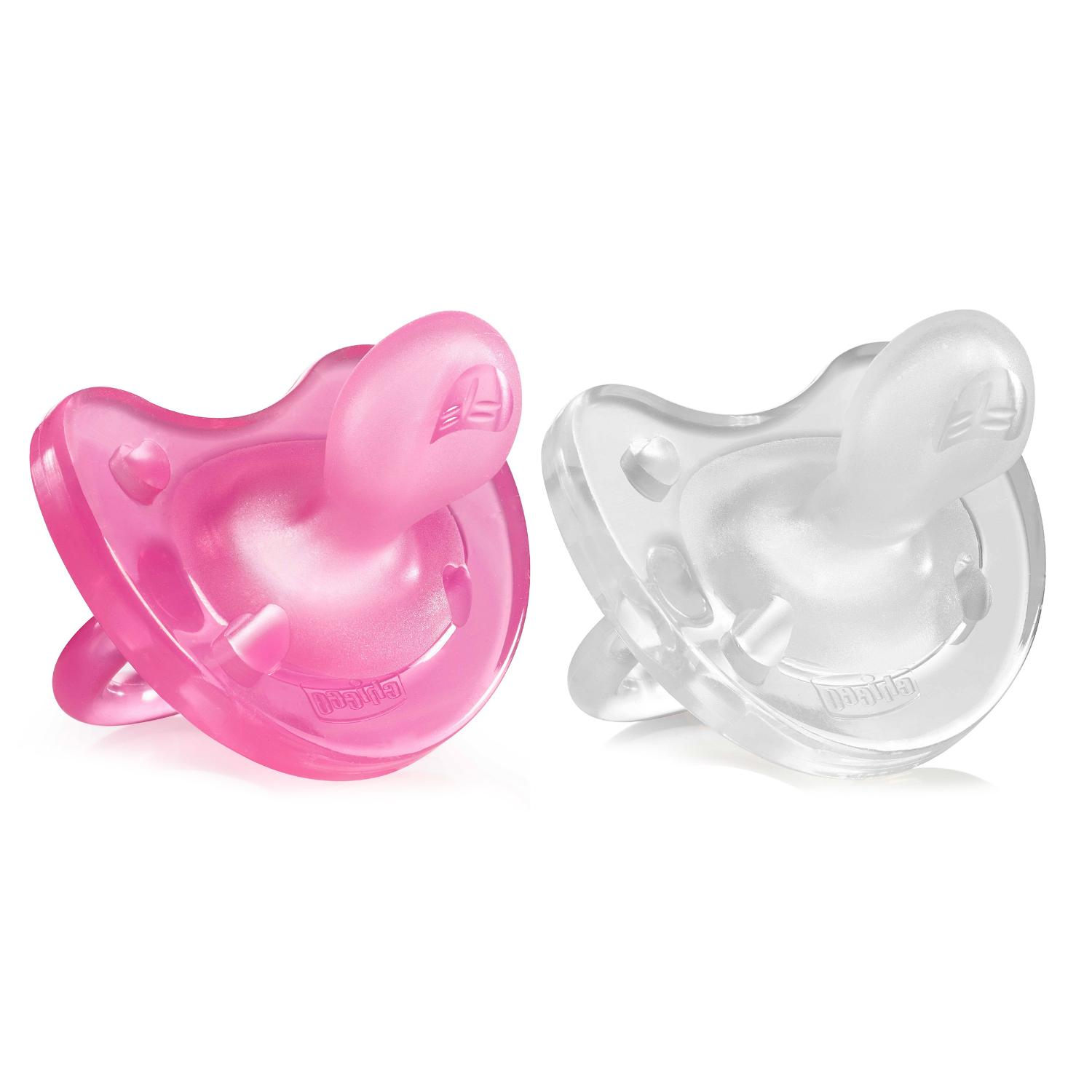 Пустышка силиконовая Physio Soft для девочки с 0 до 6 месяцев - 2 шт (прозрачная, розовая)