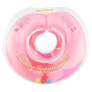 Круг на шею для купания малышей от 6 кг (розовый полуцвет с погремушкой) - Розовый бутон