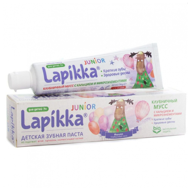 Зубная паста Lapikka Junior клубничный мусс с кальцием и микроэлементами с 7 лет - 74 г