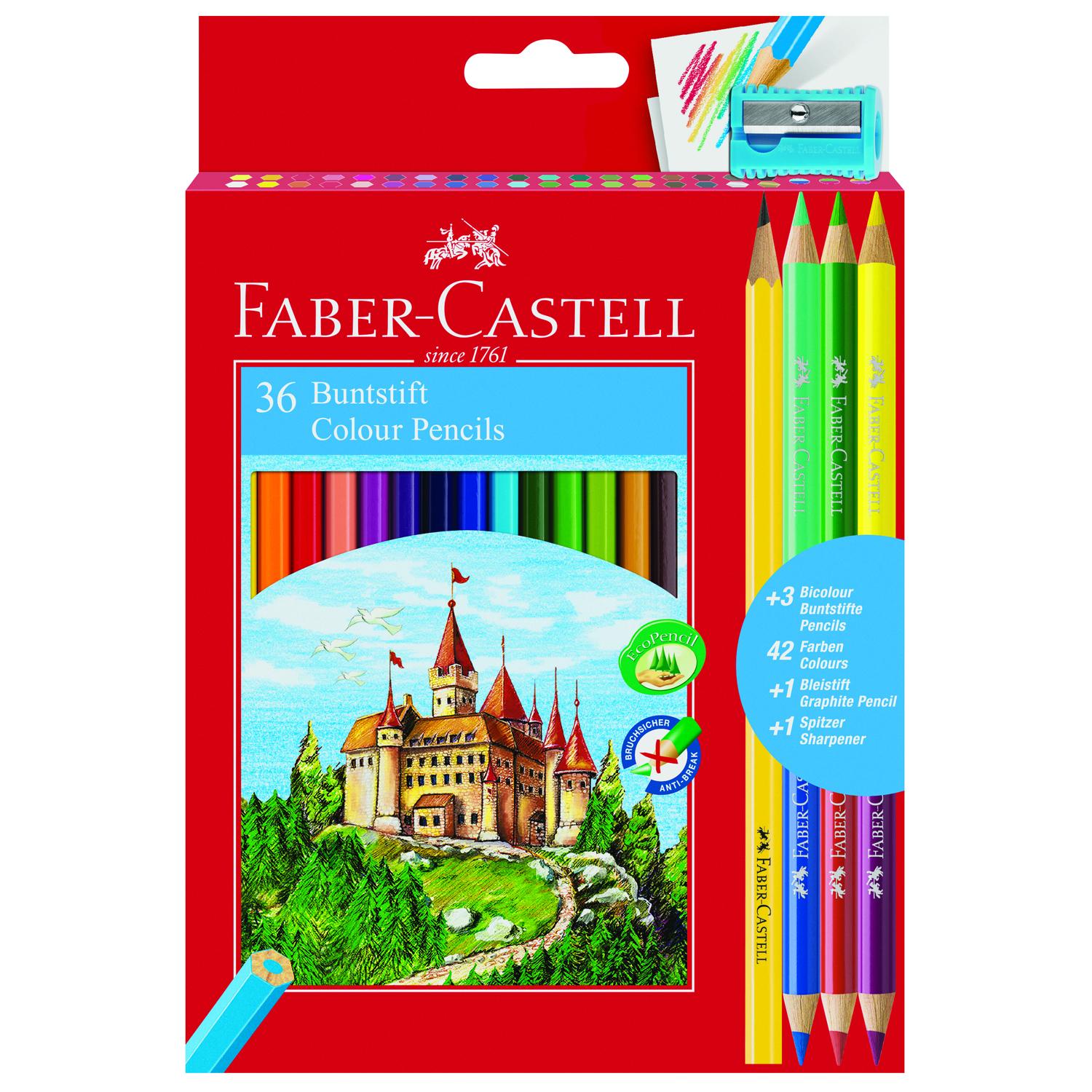 Цветные карандаши Замок, набор: 36 шт + 3 двухцветных карандаша + 1 чернографитовый карандаш + точилка