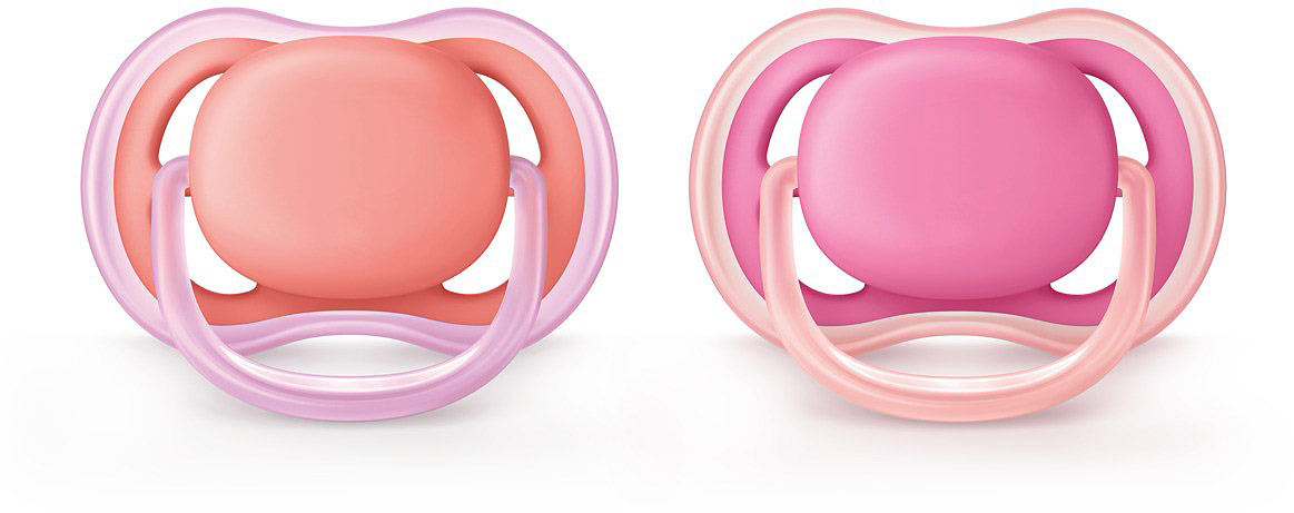 Пустышки силиконовые Ultra Air для девочек с 6 до 18 м - 2 шт (розовая, персиковая) SCF245/22