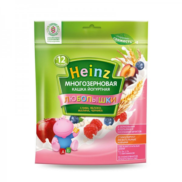 Heinz Каша Любопышки молочная многозерновая йогуртная слива, яблоко, малина, черника (мягкая упаковка)